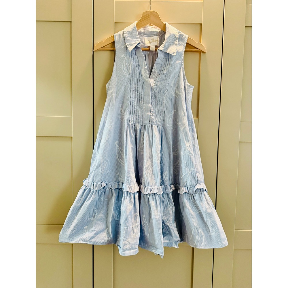 Lilly Pulitzer Blue White Seersucker Sailboat Tiered Ruffle Dress XXS 016951
